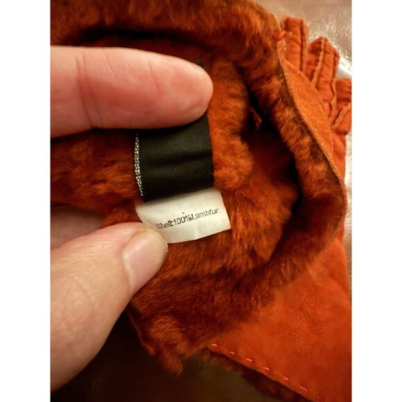 Renee's NYC Accessories Tan Lambskin Suede Shearling Lines Red Orange Small - Picture 4 of 4